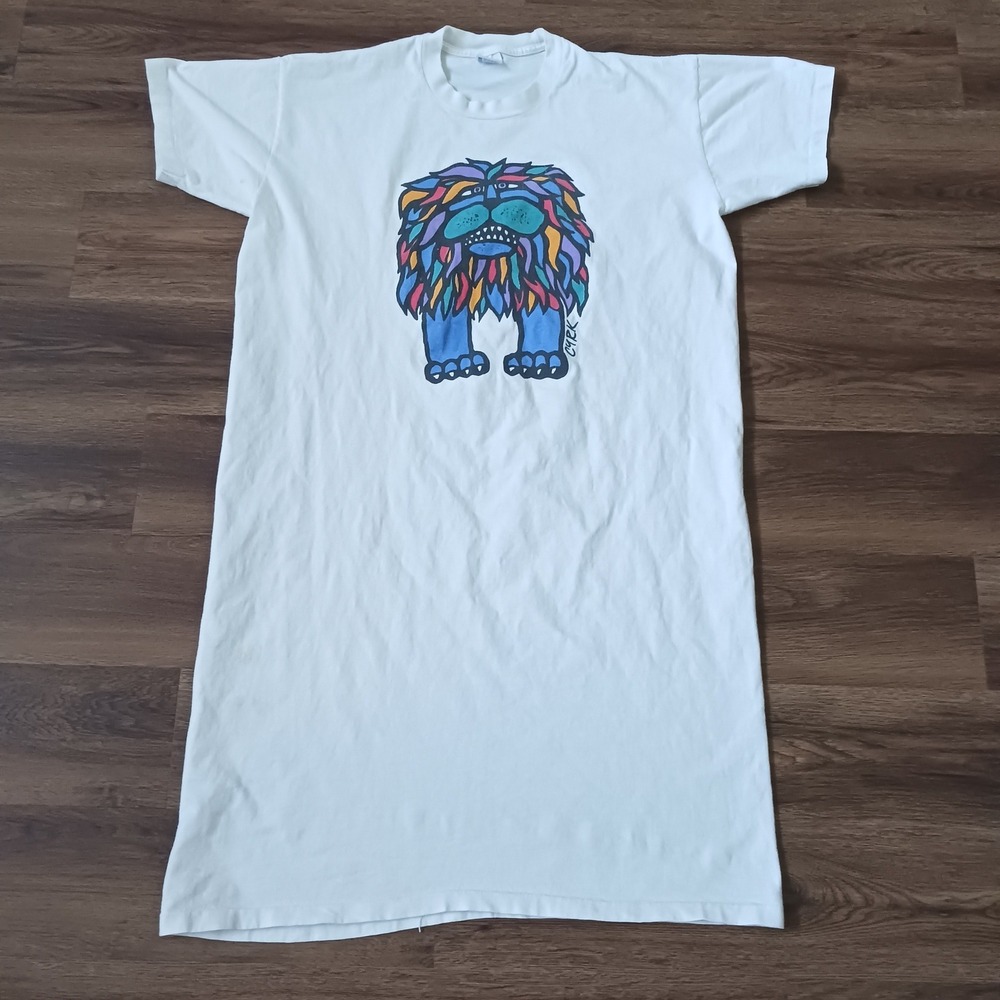 Vintage Anvil Cyrk Lion Graphic Nightshirt White Cotton Made in USA OSFA
